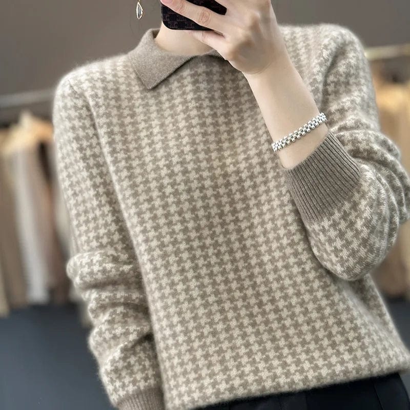 2024 Spring new arrival fashion women's lapel long sleeve loose plaid jacquard high-quality best-selling pullover sweater
