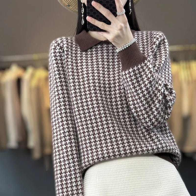 2024 Spring new arrival fashion women's lapel long sleeve loose plaid jacquard high-quality best-selling pullover sweater