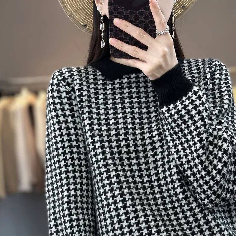 2024 Spring new arrival fashion women's lapel long sleeve loose plaid jacquard high-quality best-selling pullover sweater