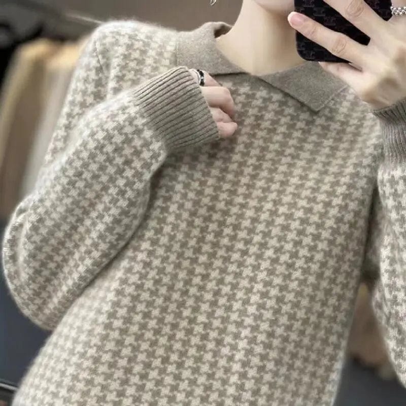 2024 Spring new arrival fashion women's lapel long sleeve loose plaid jacquard high-quality best-selling pullover sweater