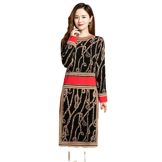 2024 spring new arrival fashionable women crew neck long sleeve flower print sweater dress