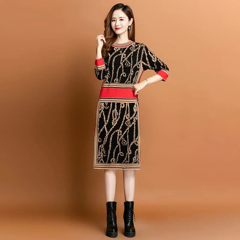 2024 spring new arrival fashionable women crew neck long sleeve flower print sweater dress