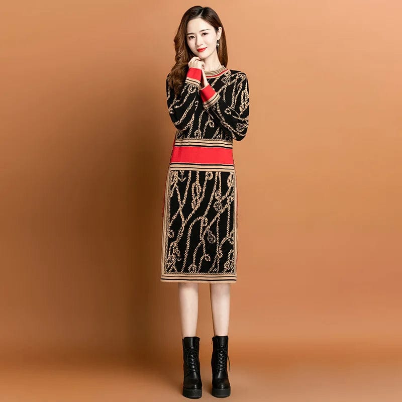 2024 spring new arrival fashionable women crew neck long sleeve flower print sweater dress