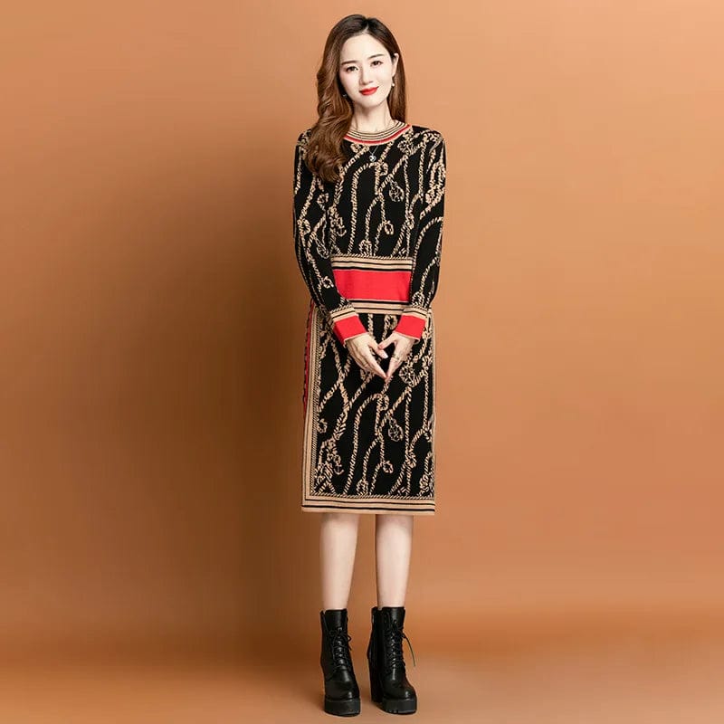 2024 spring new arrival fashionable women crew neck long sleeve flower print sweater dress