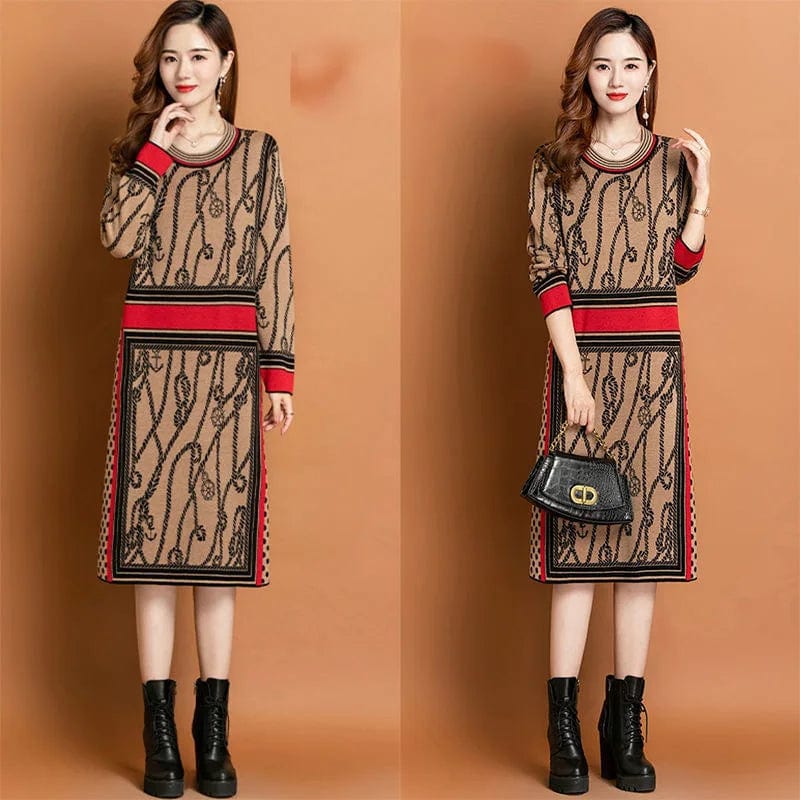 2024 spring new arrival fashionable women crew neck long sleeve flower print sweater dress