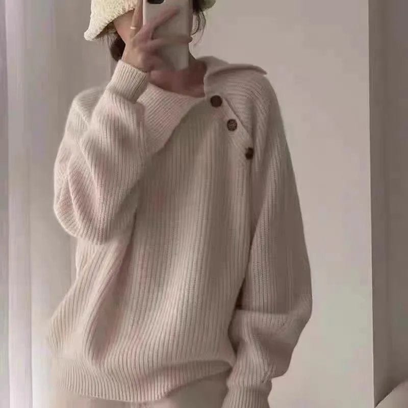 2024 Spring new arrival girls crew neck placket front long sleeve loose fitting solid color pullover sweater jumper