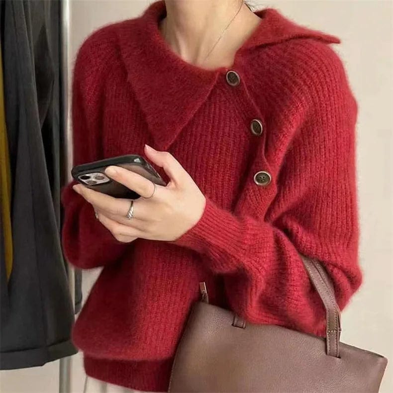 2024 Spring new arrival girls crew neck placket front long sleeve loose fitting solid color pullover sweater jumper