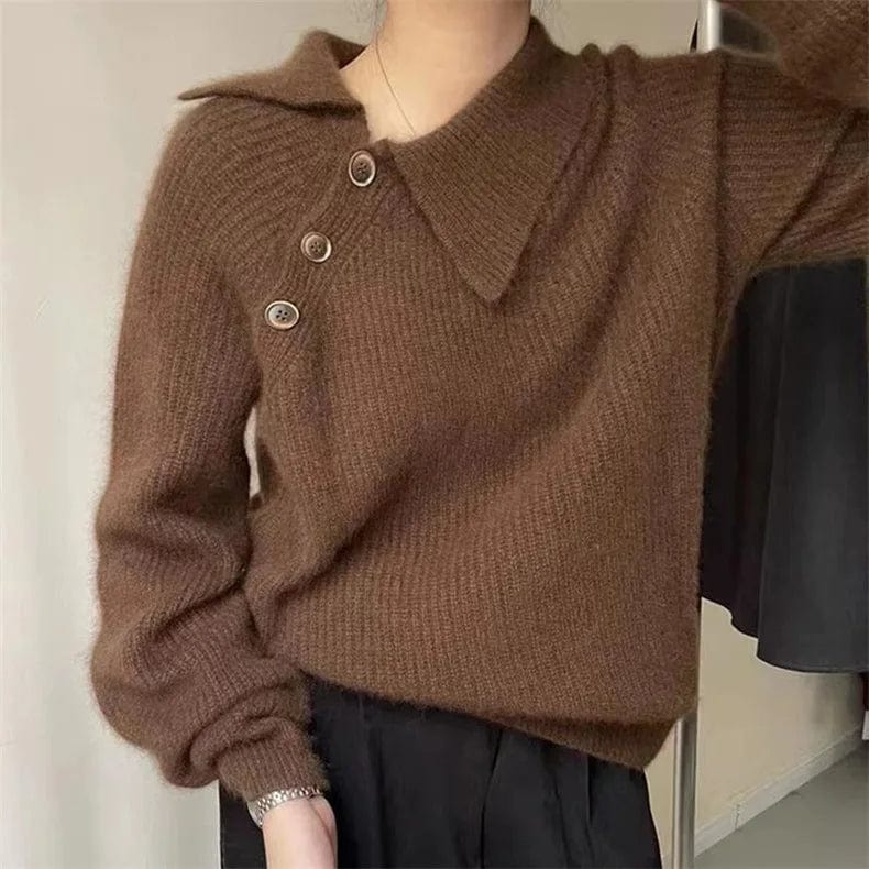 2024 Spring new arrival girls crew neck placket front long sleeve loose fitting solid color pullover sweater jumper