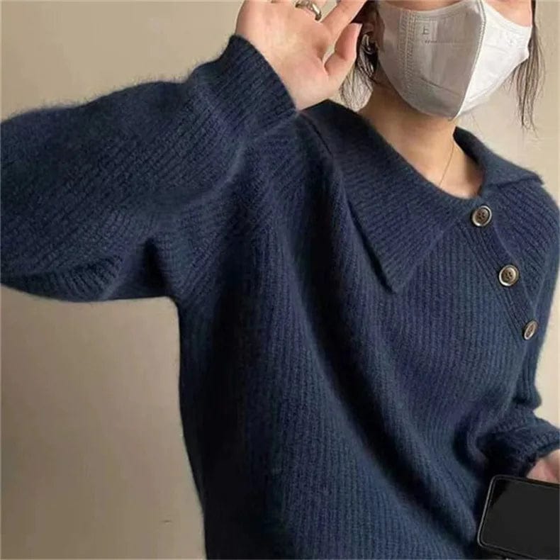 2024 Spring new arrival girls crew neck placket front long sleeve loose fitting solid color pullover sweater jumper