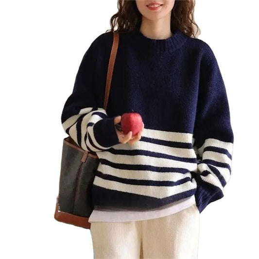 2024 Spring new arrival girls round neck long sleeve striped oversize soft pullover sweater jumper