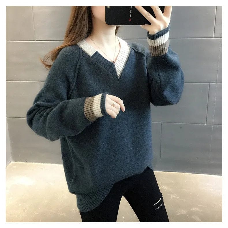 2024 Spring new arrival girls v-neck long sleeve loose fitting cable knit classic sweater jumper