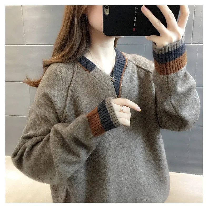 2024 Spring new arrival girls v-neck long sleeve loose fitting cable knit classic sweater jumper