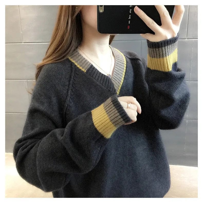 2024 Spring new arrival girls v-neck long sleeve loose fitting cable knit classic sweater jumper