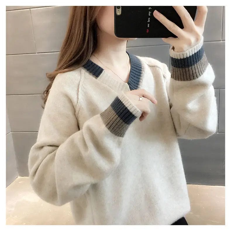 2024 Spring new arrival girls v-neck long sleeve loose fitting cable knit classic sweater jumper