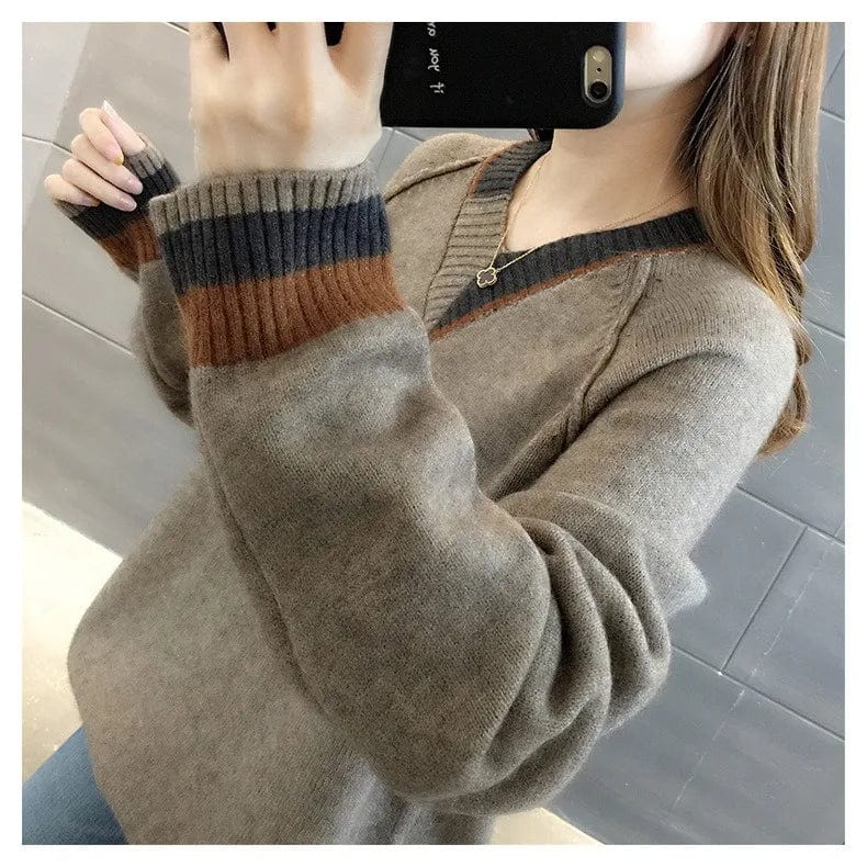 2024 Spring new arrival girls v-neck long sleeve loose fitting cable knit classic sweater jumper