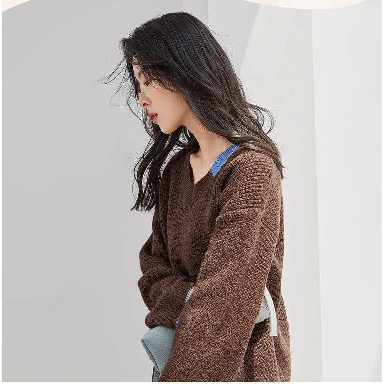 2024 Spring new arrival girls v-neck long sleeve loose fitting soft pullover sweater jumper