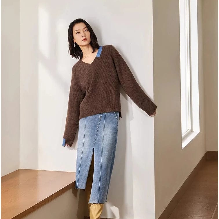 2024 Spring new arrival girls v-neck long sleeve loose fitting soft pullover sweater jumper