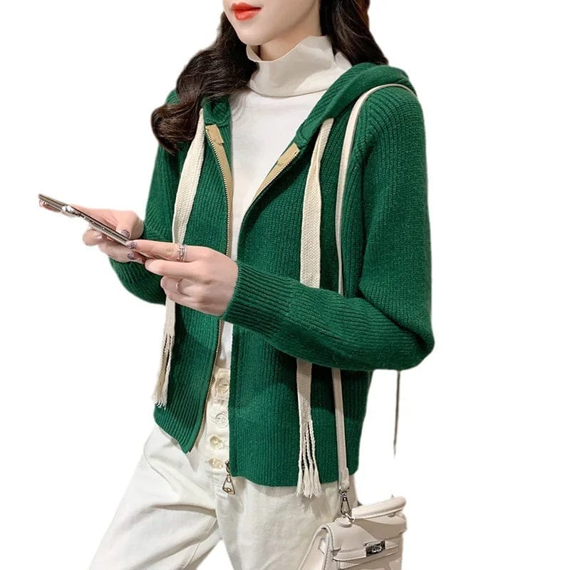 2024 spring new arrival high quality girls hooded rope solid color long sleeve loose zipper design sweater cardigan