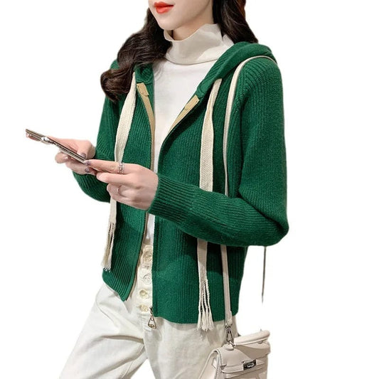 2024 spring new arrival high quality girls hooded rope solid color long sleeve loose zipper design sweater cardigan