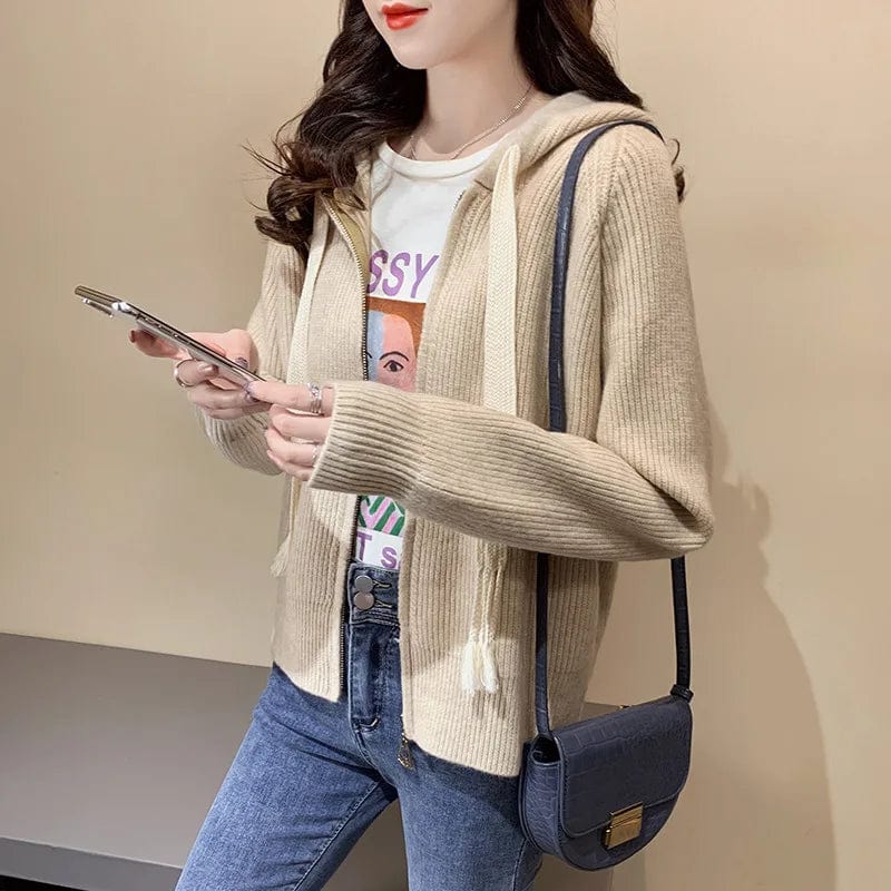 2024 spring new arrival high quality girls hooded rope solid color long sleeve loose zipper design sweater cardigan