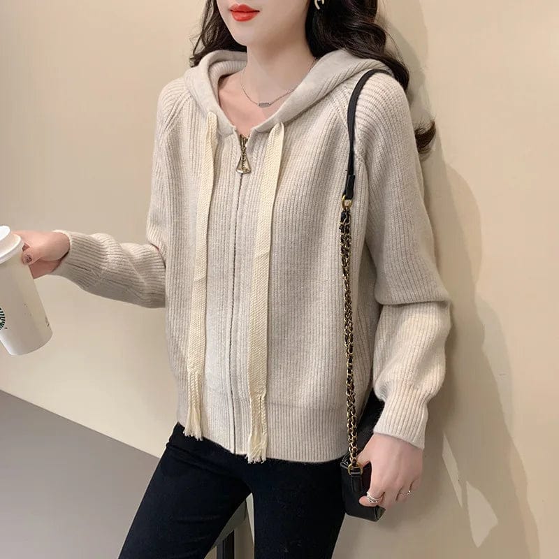 2024 spring new arrival high quality girls hooded rope solid color long sleeve loose zipper design sweater cardigan
