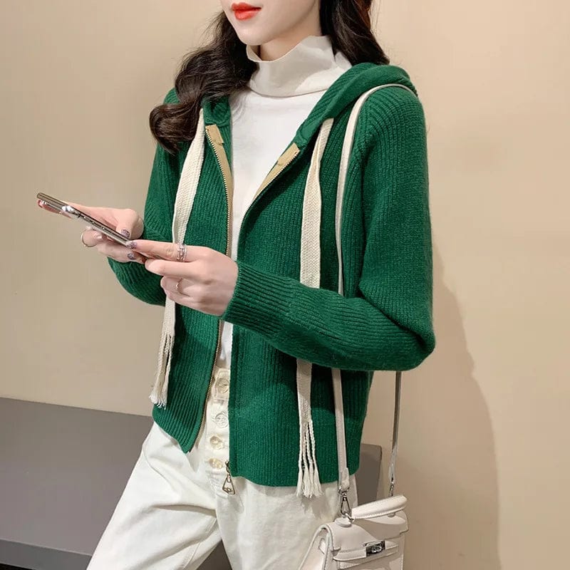 2024 spring new arrival high quality girls hooded rope solid color long sleeve loose zipper design sweater cardigan
