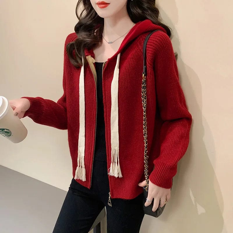 2024 spring new arrival high quality girls hooded rope solid color long sleeve loose zipper design sweater cardigan