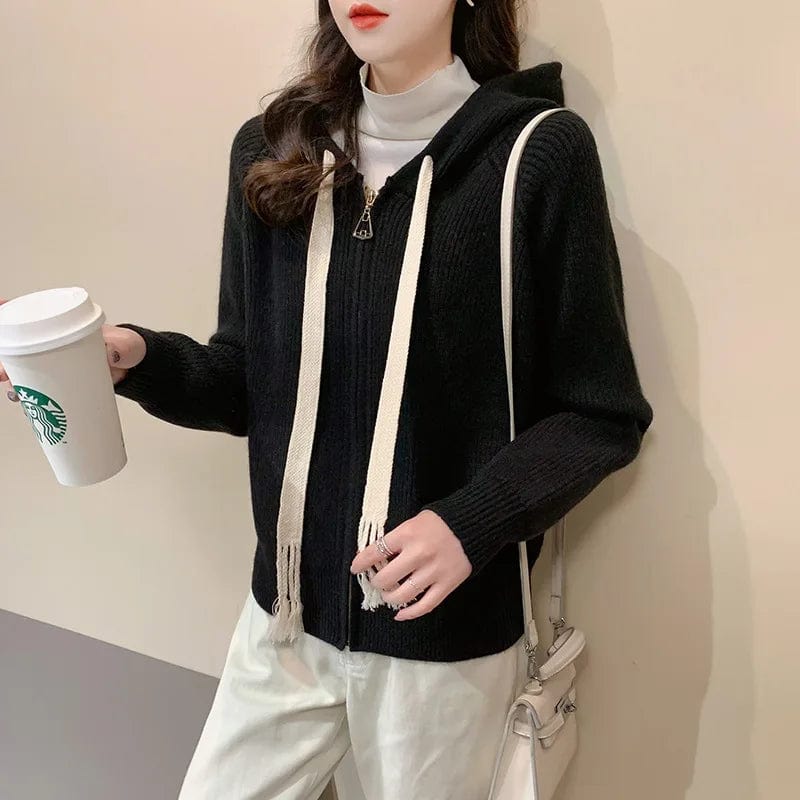 2024 spring new arrival high quality girls hooded rope solid color long sleeve loose zipper design sweater cardigan