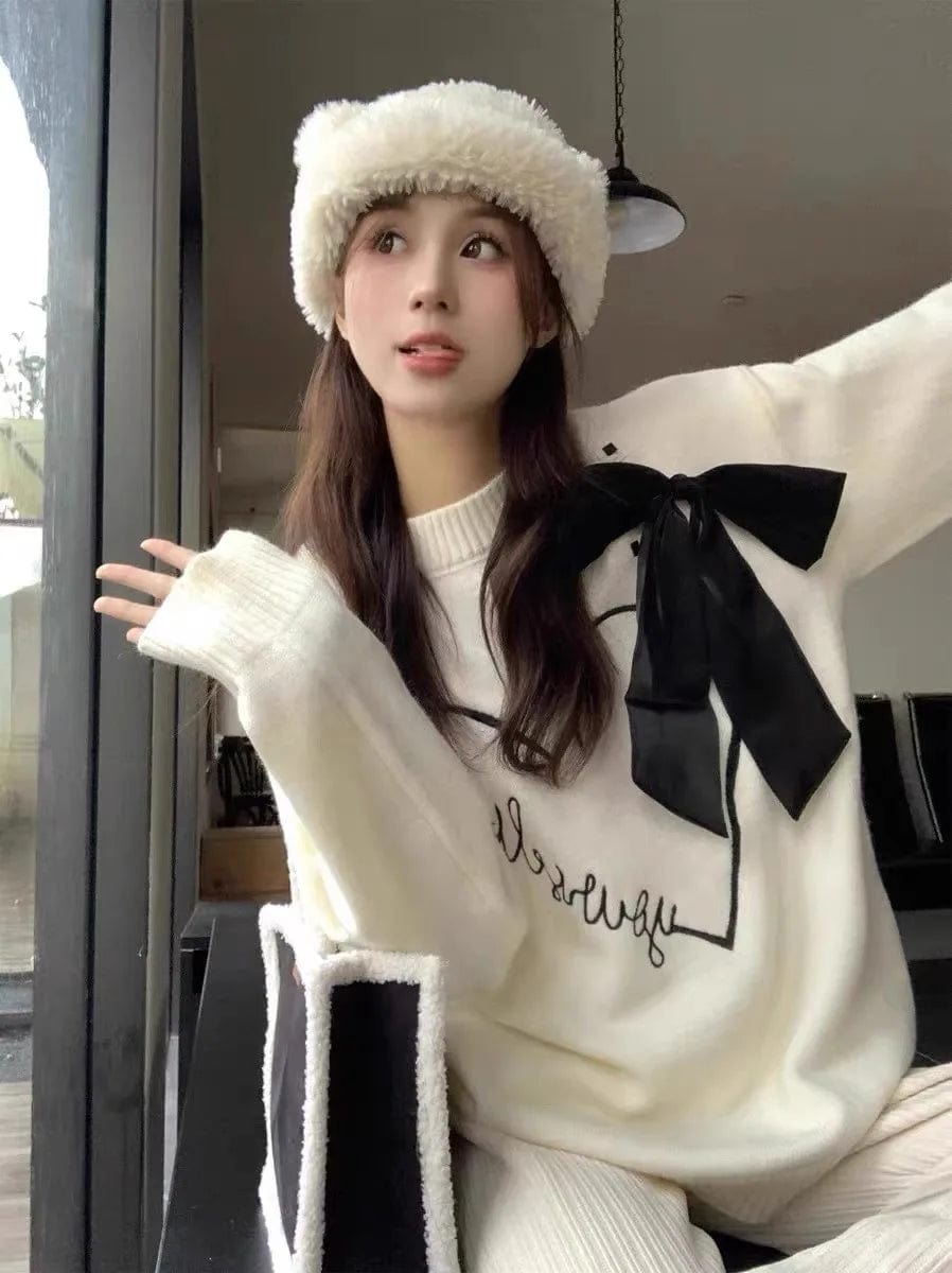 2024 Spring New arrival Ladies crew neck bow  long sleeve  sweater shirt women sweater jumper