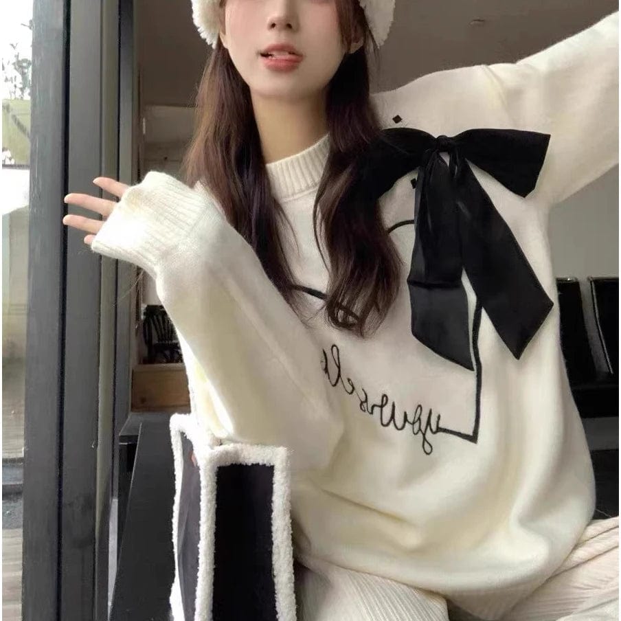 2024 Spring New arrival Ladies crew neck bow  long sleeve  sweater shirt women sweater jumper