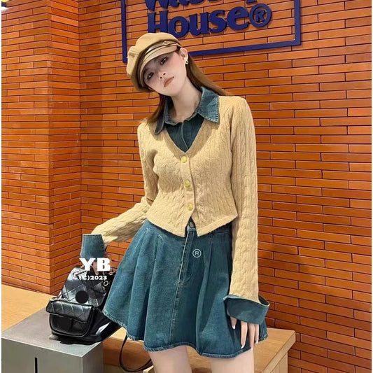 2024 Spring New arrival Ladies long sleeve Denim patchwork knit lapel women sweater cardigan