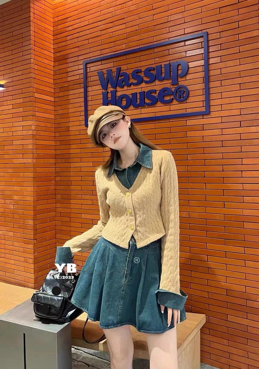 2024 Spring New arrival Ladies long sleeve Denim patchwork knit lapel women sweater cardigan