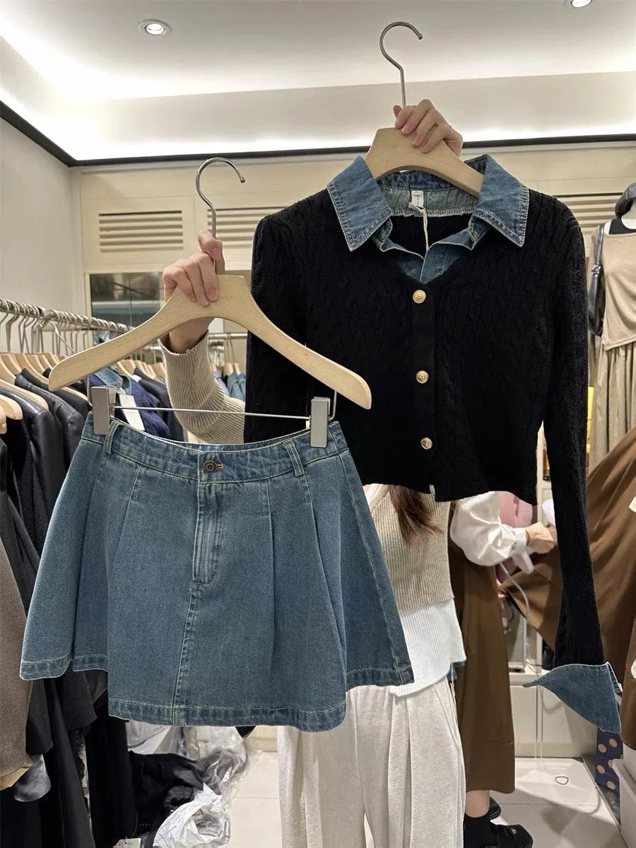 2024 Spring New arrival Ladies long sleeve Denim patchwork knit lapel women sweater cardigan