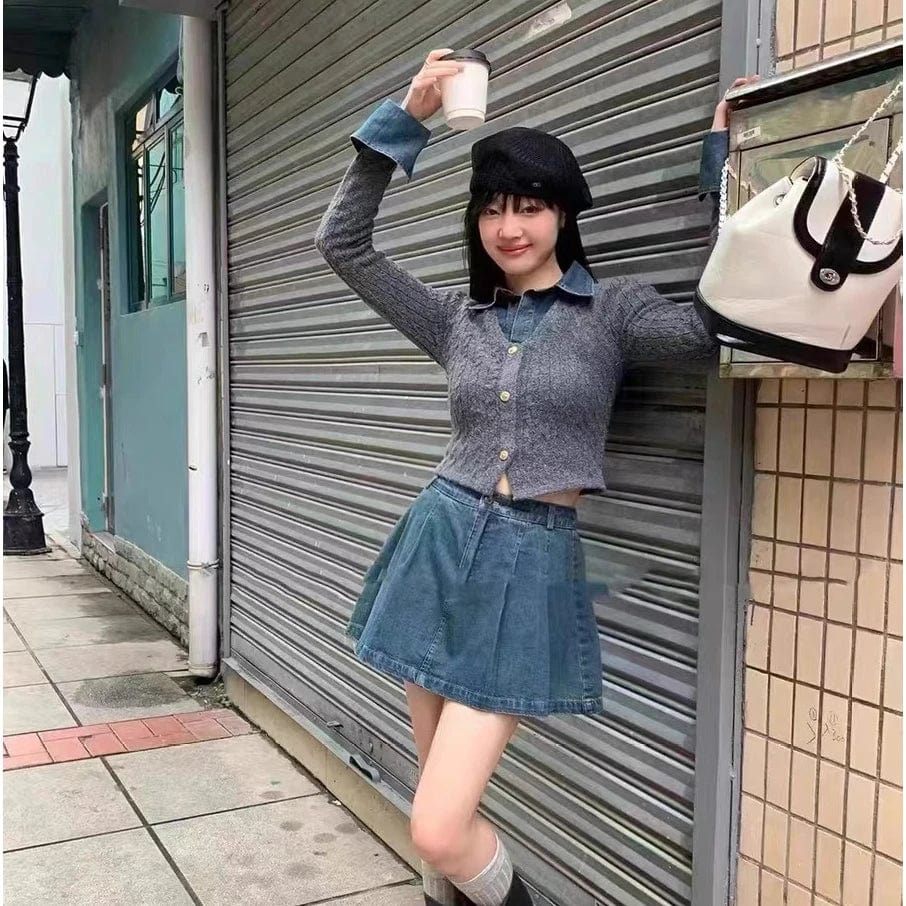 2024 Spring New arrival Ladies long sleeve Denim patchwork knit lapel women sweater cardigan