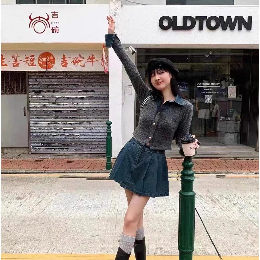 2024 Spring New arrival Ladies long sleeve Denim patchwork knit lapel women sweater cardigan