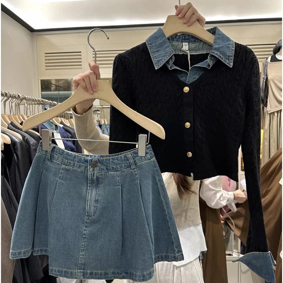 2024 Spring New arrival Ladies long sleeve Denim patchwork knit lapel women sweater cardigan