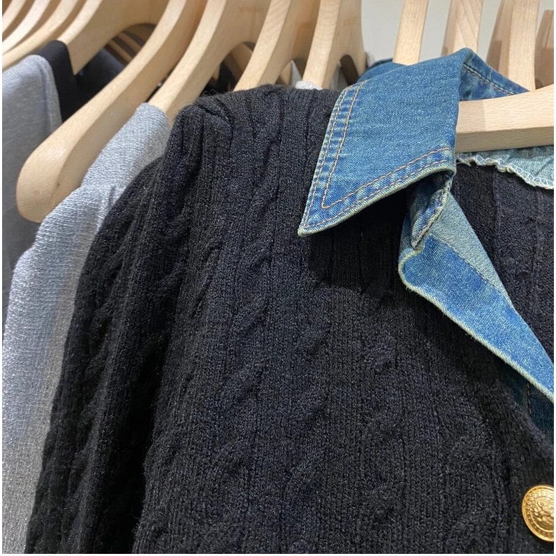 2024 Spring New arrival Ladies long sleeve Denim patchwork knit lapel women sweater cardigan