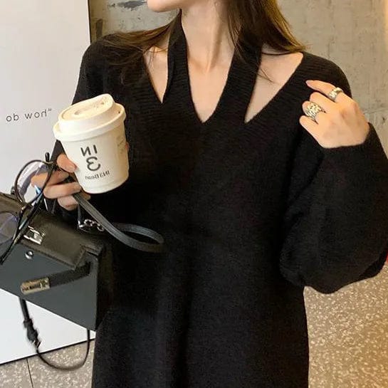 2024 Spring new arrival lady V- neck long sleeve loose fitting sweater dress halter sweater dress