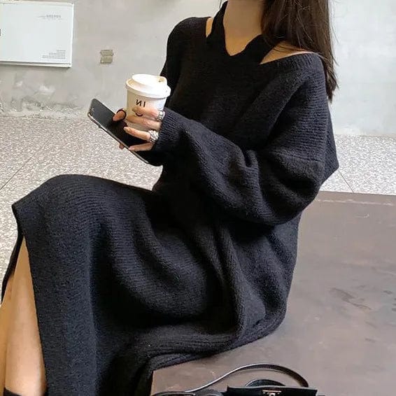 2024 Spring new arrival lady V- neck long sleeve loose fitting sweater dress halter sweater dress