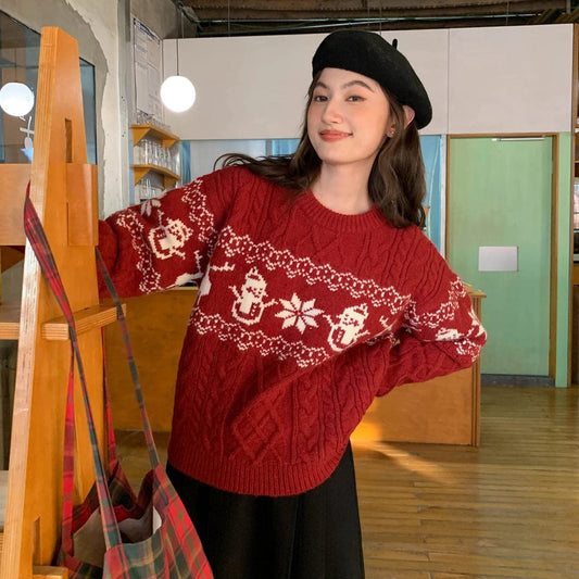 2024 Spring new arrival neck long sleeve loose christmas  new year jacquard sweater jumper