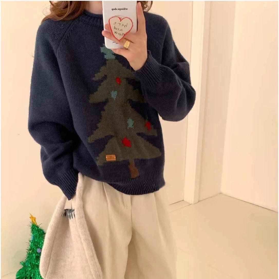 2024 Spring new arrival neck long sleeve loose santa tree high quality jacquard sweater pullover jumper