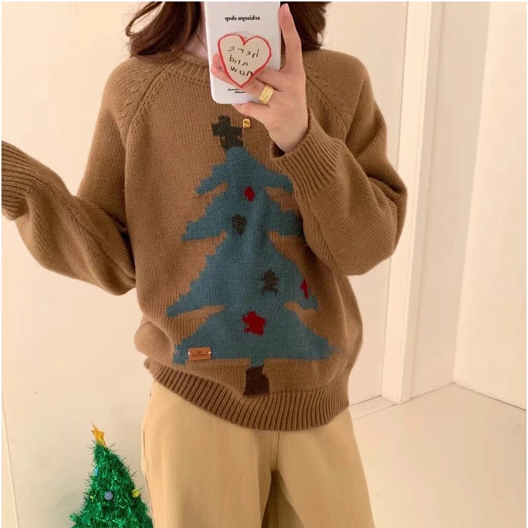2024 Spring new arrival neck long sleeve loose santa tree high quality jacquard sweater pullover jumper