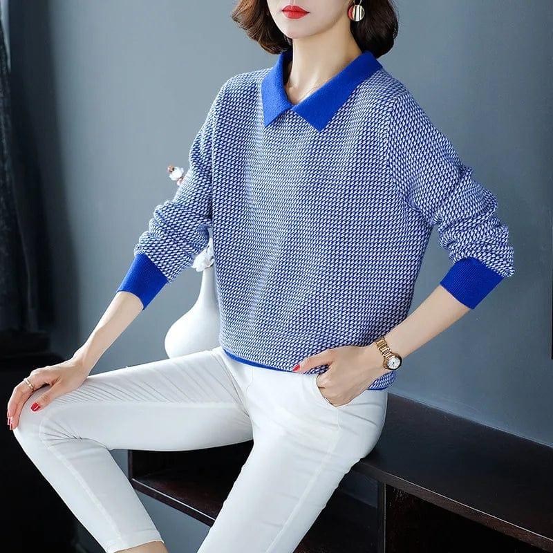 2024 Spring new arrival office lady round neck long sleeve loose houndstooth lapel pullover sweater jumper