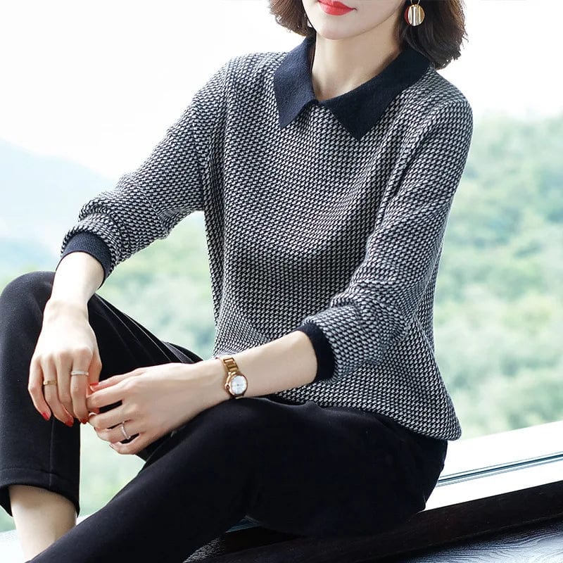 2024 Spring new arrival office lady round neck long sleeve loose houndstooth lapel pullover sweater jumper