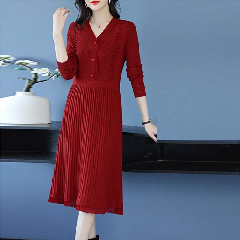 2024 spring new arrival Office lady v neck long sleeve loose fit cable knit women sweater dress