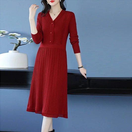 2024 spring new arrival Office lady v neck long sleeve loose fit cable knit women sweater dress