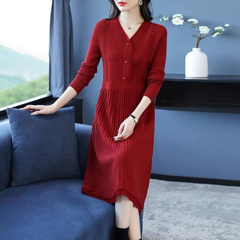 2024 spring new arrival Office lady v neck long sleeve loose fit cable knit women sweater dress