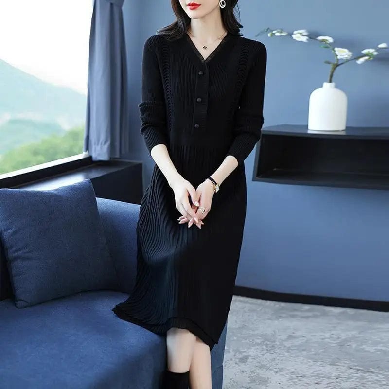 2024 spring new arrival Office lady v neck long sleeve loose fit cable knit women sweater dress