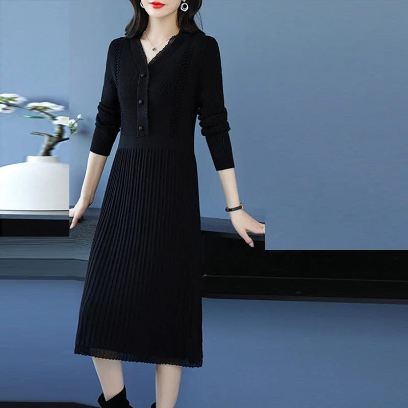 2024 spring new arrival Office lady v neck long sleeve loose fit cable knit women sweater dress