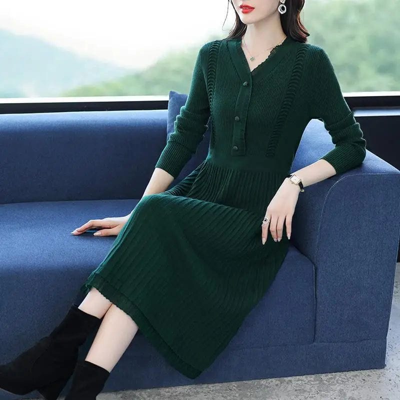 2024 spring new arrival Office lady v neck long sleeve loose fit cable knit women sweater dress
